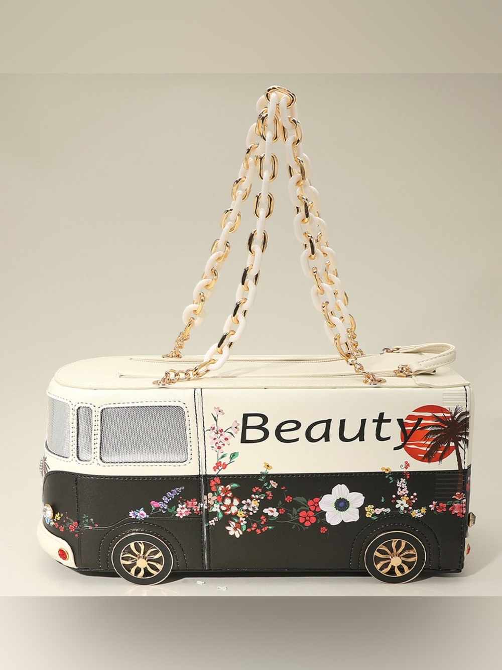 Cream & Black Floral 'Beauty' Bus Tote Bag with Chain Strap